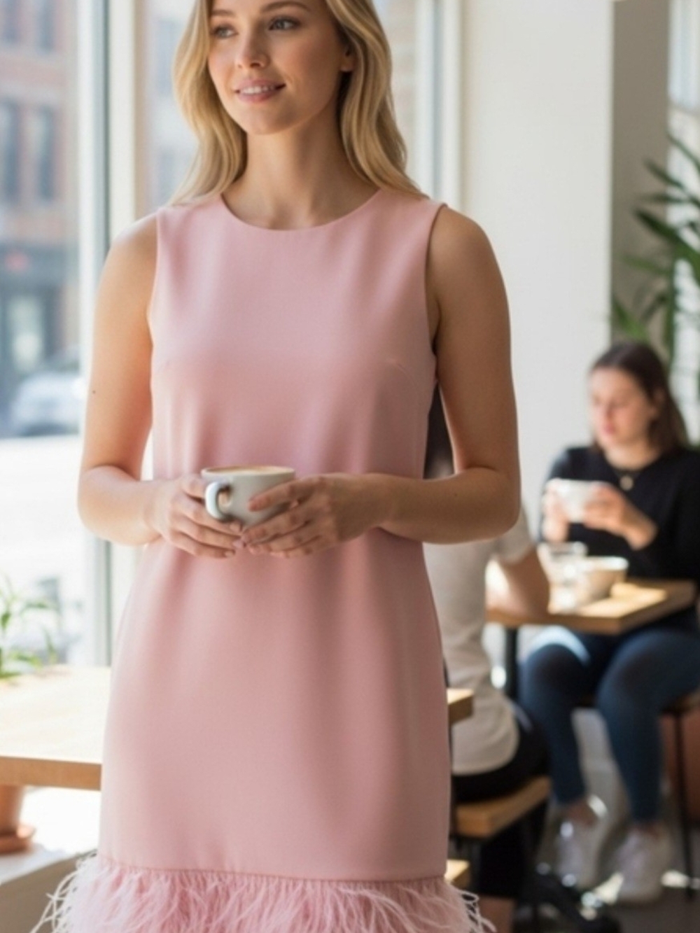 Donna Ricco Blush Pink Feather-Hem Sleeveless Shift Dress